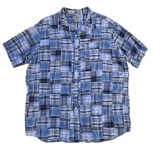 LL Bean Mens XXL Tall Patchwork Madras Blue Plaid Shirt Short Sleeve Button Down